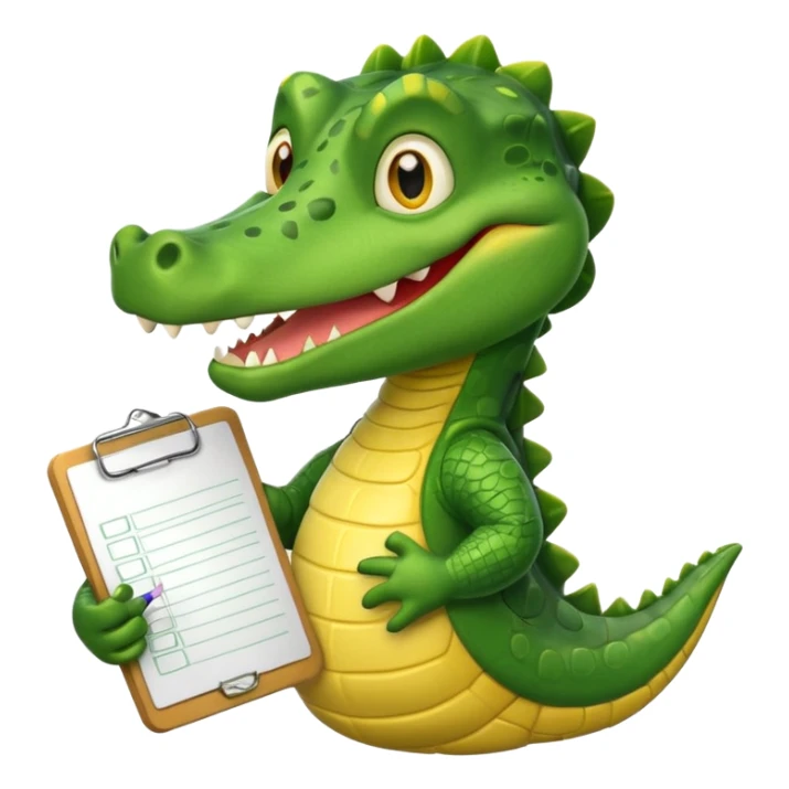 A cartoon gator with a clipboard and a pencil against a light green circle background sticker