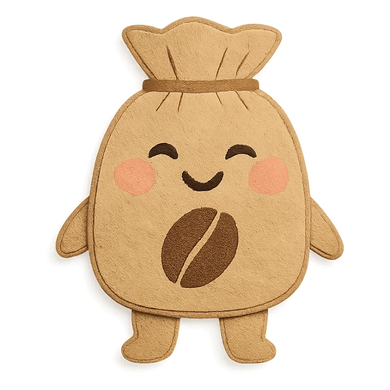 burlap coffee bean bag, full body, blushing cheeks, soft pastel hand-drawn style sticker