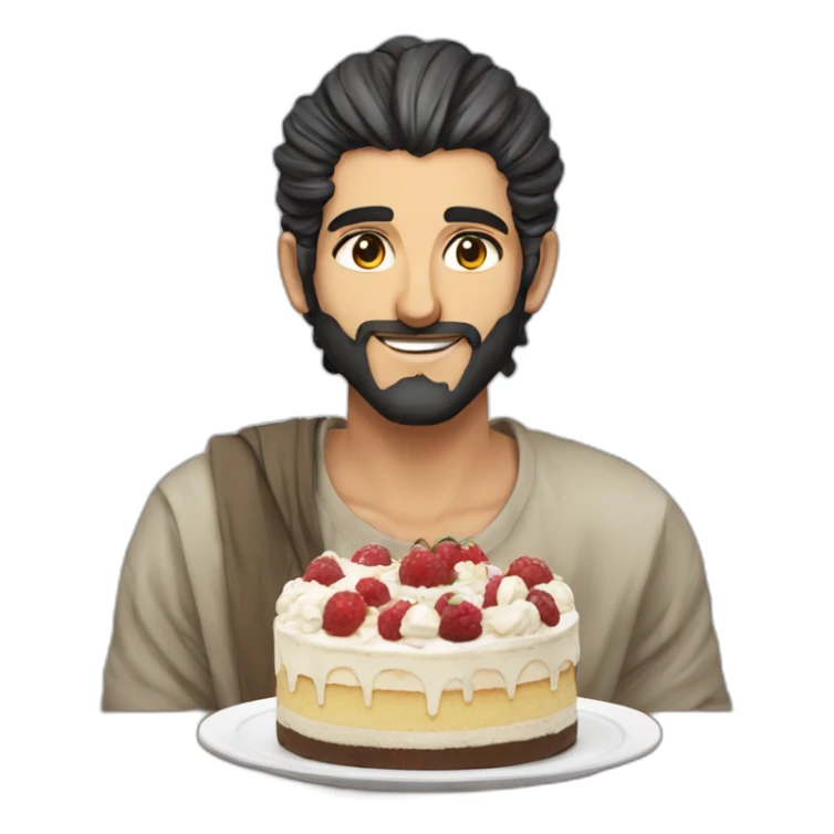 manga style middle eastern man with a manbun eating a cake sticker