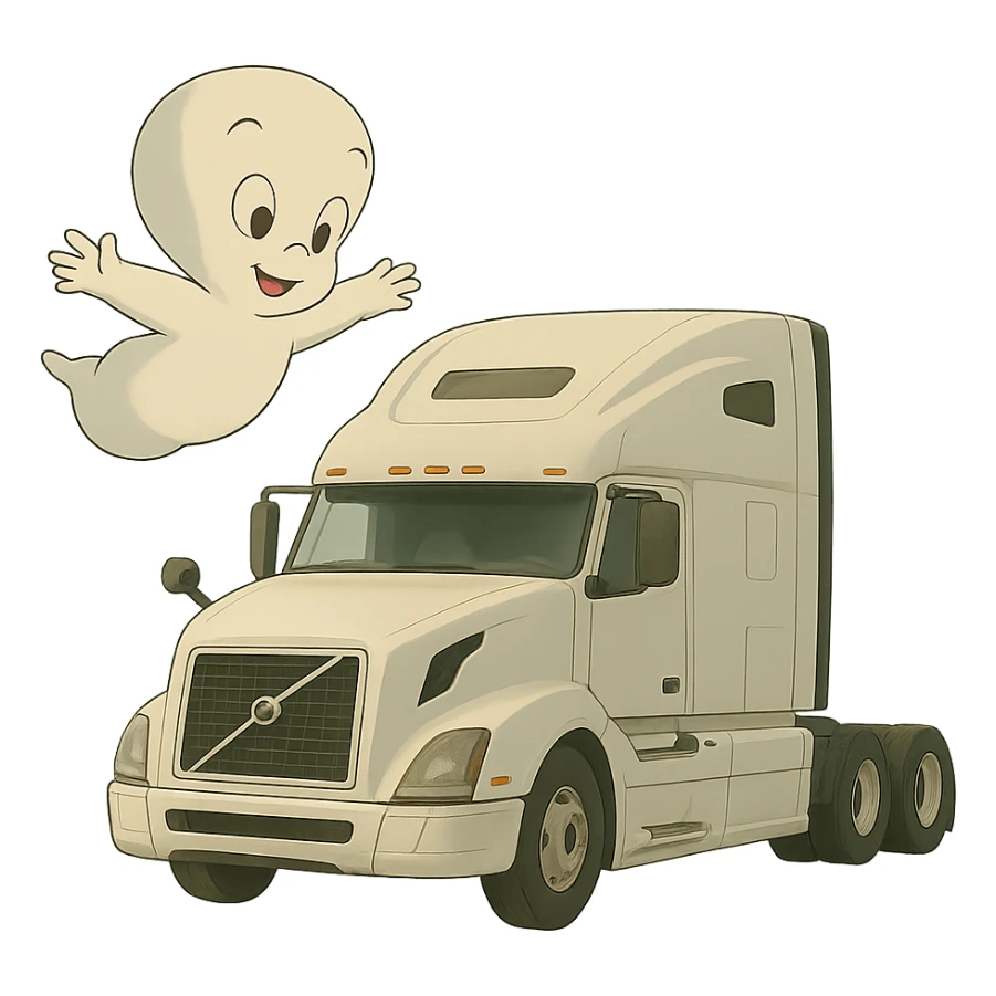 Remove the background, keep Casper the ghost floating above the white semi truck in ghibli style, with transparent background. sticker