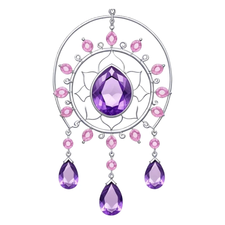 Epic Hanging silver suncatcher, threads with shiny sparkly amethyst and rose-quartz gemstones, detailed, high quality, high resolution, realistic sticker