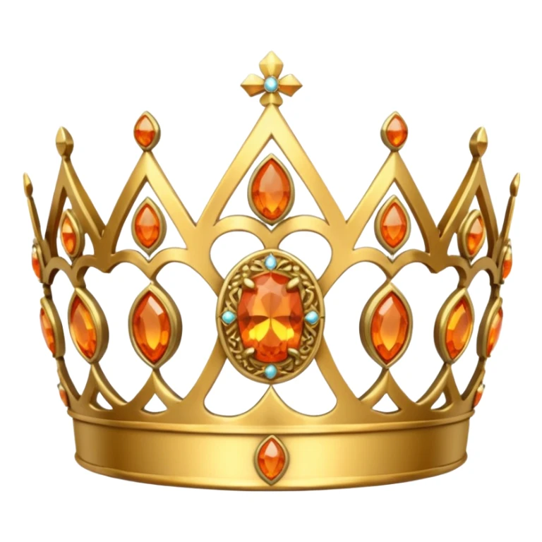 gold tiara with orange stones and a crusader emblem sticker