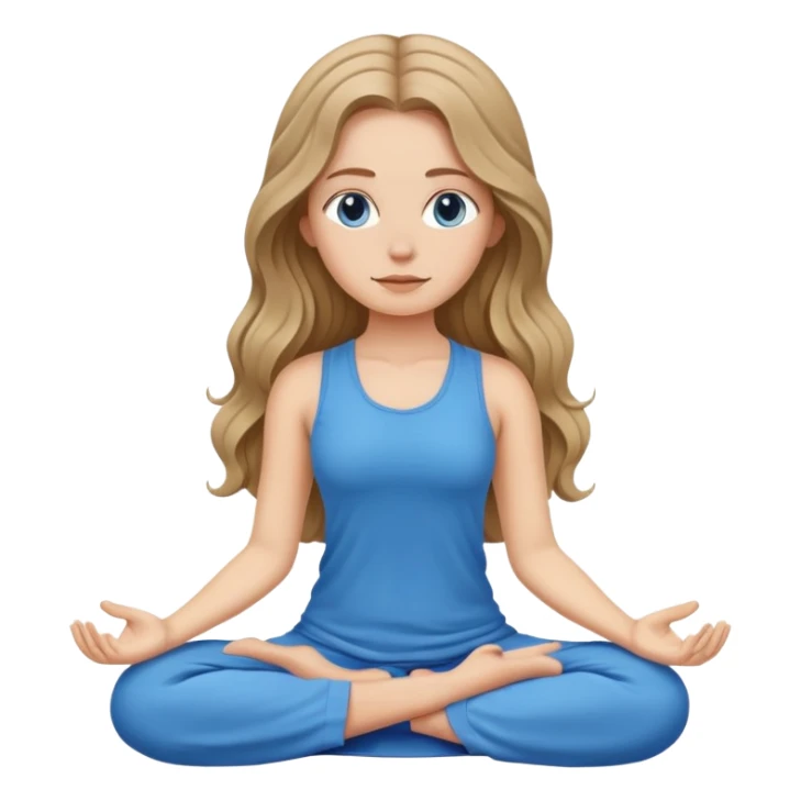 White girl, with long wavy dark blonde hair, meditating wearing blue sticker