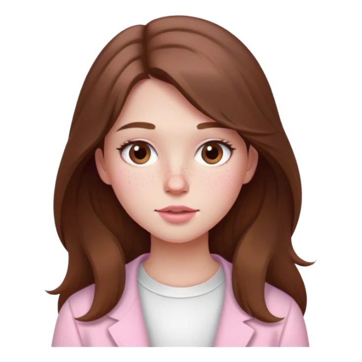 Garota de cabelos longos castanhos, sardas sutil, bochechas redondinhas e lábios levemente rosados, roupas brancas e rosas sticker