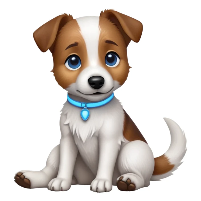 cinematic-[jack russel]-realistic-full-body-sitting-emoji,-tail-resting-loosely-beside-its-paws,blue eyes-head-tilted-dramatically, -scruffy-[brown and white]-fur,-simplified-yet-realistic-focused-features,-highly-detailed,-glowing-with-an-almost-sarcastic-glow sticker