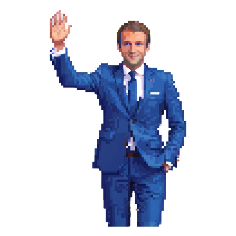 Emmanuel Macron, French president, pixel art style, blue suit, waving hand sticker
