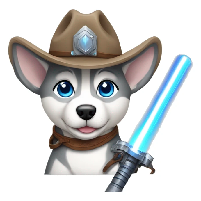 Gray Siberian Husky with blue eyes puppy wearing a cowboy hat dressed in Jedi clothing Holding a Lightsaber with the Paw sticker