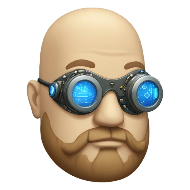 Bearded Fat bald cyborg head with tan skin, blue steampunk goggles and circuits sticker