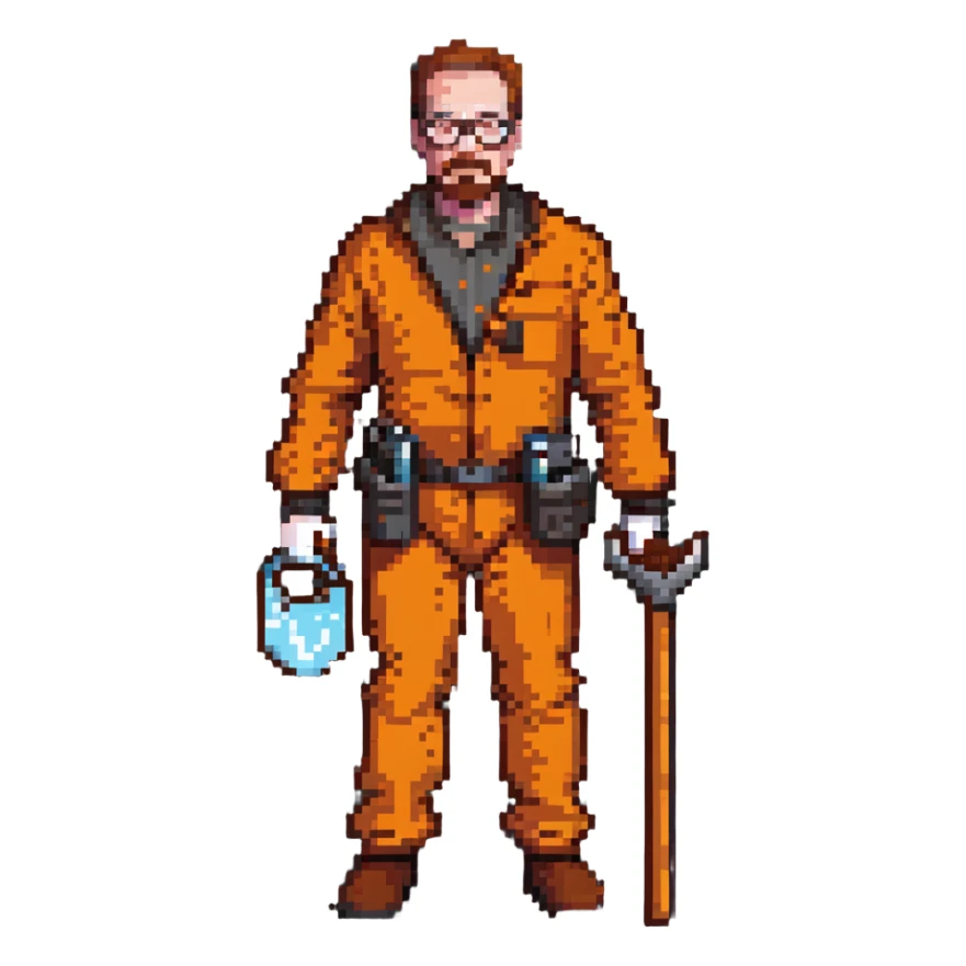 Walter White as Gordon Freeman, pixel art, orange suit, glasses, crowbar sticker