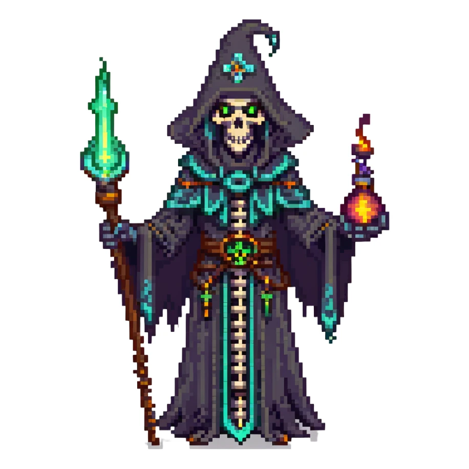 dark skeleton lich mage casting forbidden magic with glowing eyes sticker