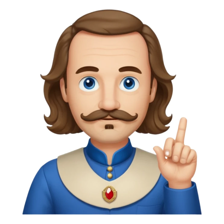 French writer Corneille, brown mi-long wavy hair, baldness on the forehead, moustache, goatee, dressed with a collar,blue eyes, with the finger up sticker