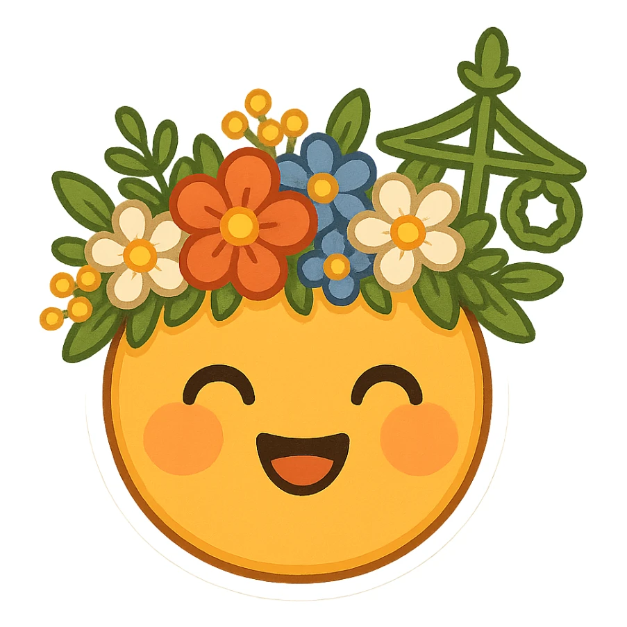 midsommar inspired emoji with flower crown, smiling face, bright colors, cheerful and festive sticker