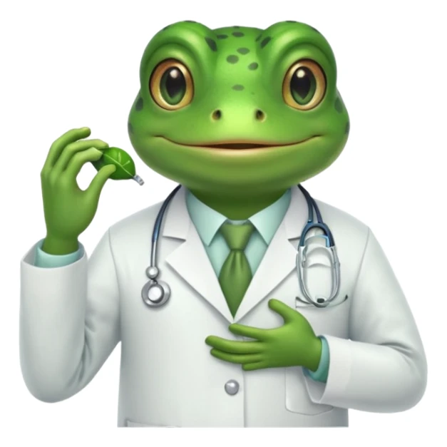 A frog in a doctor’s coat, happily examining a patient, portrait sticker