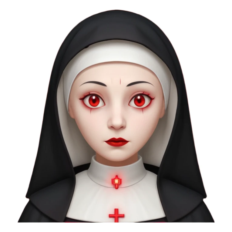 cursed village nun portrait, head and shoulders only, dark hood, mysterious expression, red accents, eerie glow, 3D cartoon, mobile game icon style, clean background, no text, no watermark

 sticker