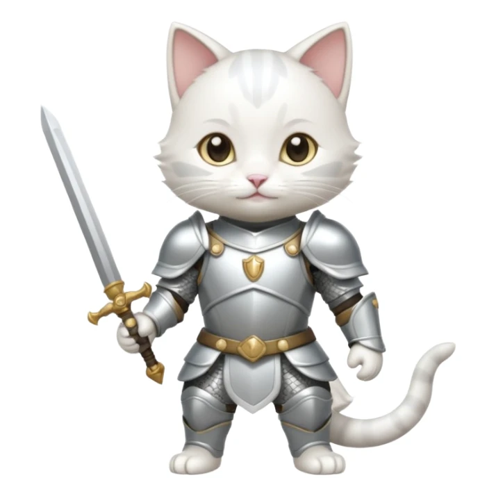 baby chibi white cat in silver armor, full body, smile, hold sword sticker