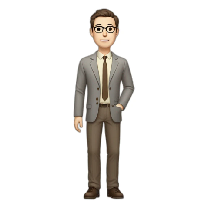 Full height Gesticulating Pale skinned fit man with dark brown hair in gray jacket, beige office shirt, brown tie, brown pants and vintage glasses. sticker