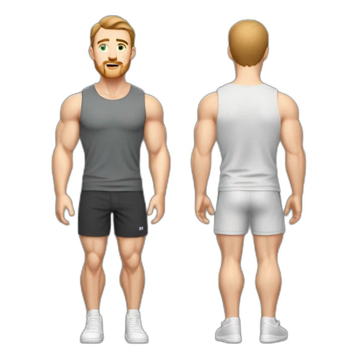 Full height Pale skinned muscular man With Realistic eyes and mouth, light brown hair and stubble In dark gray sleeveless mike, black oversize sports shorts, watch and white sneakers. sticker