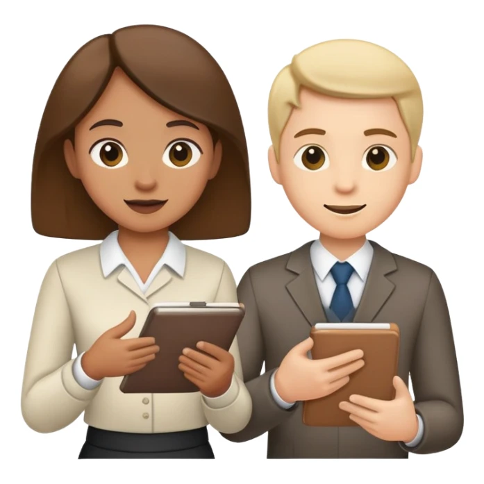 Two team members facing each other, one holding a notepad and the other gesturing, in a collaborative pose sticker