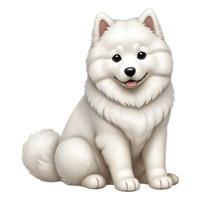 cinematic-[samoyed]-realistic-full-body-sitting-emoji,-tail-resting-loosely-beside-its-paws,white eyes-head-tilted-dramatically, -fluffy-[white]-fur,-simplified-yet-realistic-focused-features,-highly-detailed,-glowing-with-an-almost-sarcastic-glow sticker