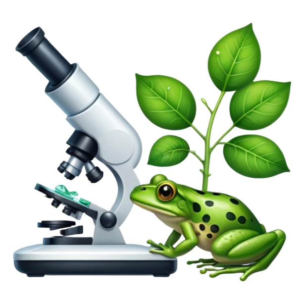 An icon featuring a DNA strand, a microscope with visible cells, and a green leaf, symbolizing biology. The design includes animal cells, plant structures, and a frog, representing the study of living organisms and ecosystems. Transparent background highlights life sciences and biological research. sticker