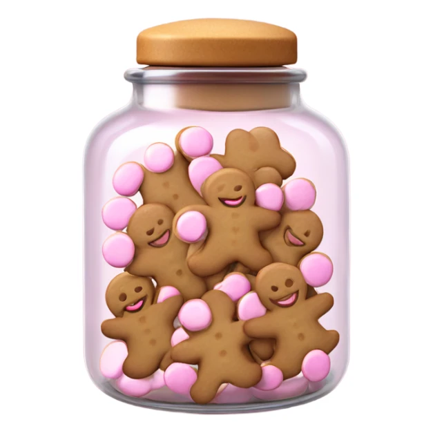 Realistic glass cookie jar with light pink lid full of gingerbread cookies isolated.  sticker