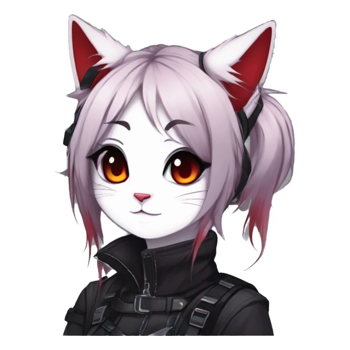 Gorgeous gothic dark techwear anime style anthro cat furry sona with blushing face aesthetic and pretty edgy black red punk messy ponytail hair with collar and harness trending style sticker