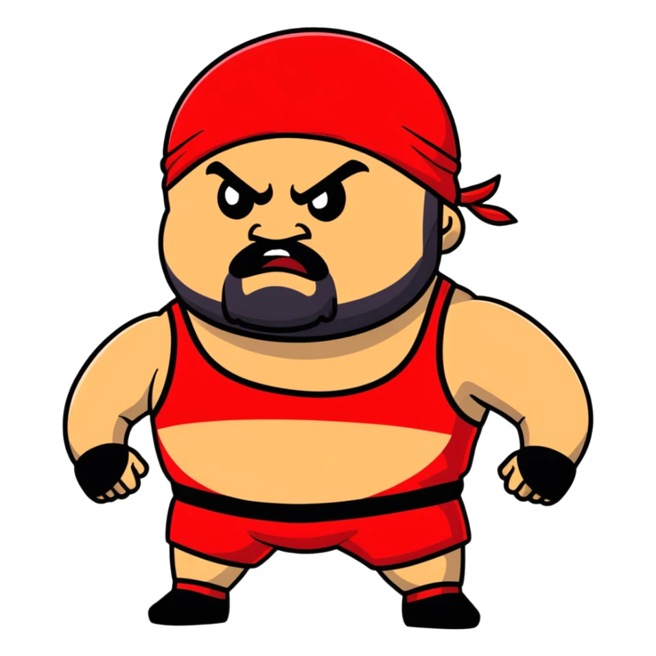 White skin fat guy with prominent black durag, short black beard, black eyes in a red and black wrestling singlet with angry face sticker