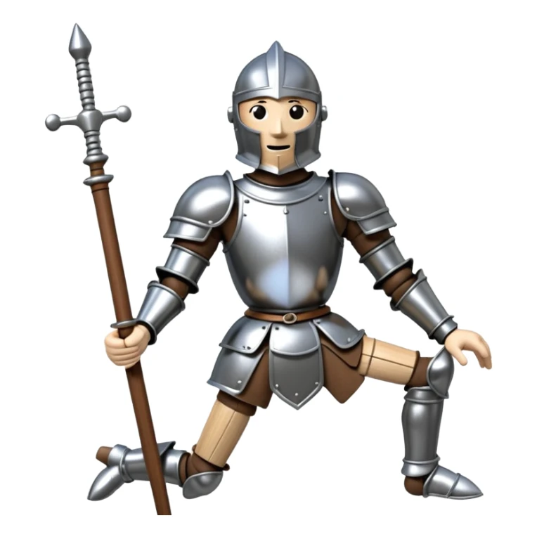 3D render of Knight Puppet as a wooden marionette puppet, Painted silver wood armor, strings, silver metal screw joints at elbows and knees, polished brown wood texture, rigid toy pose, emoji style, isolated on white background --v 6.0. sticker