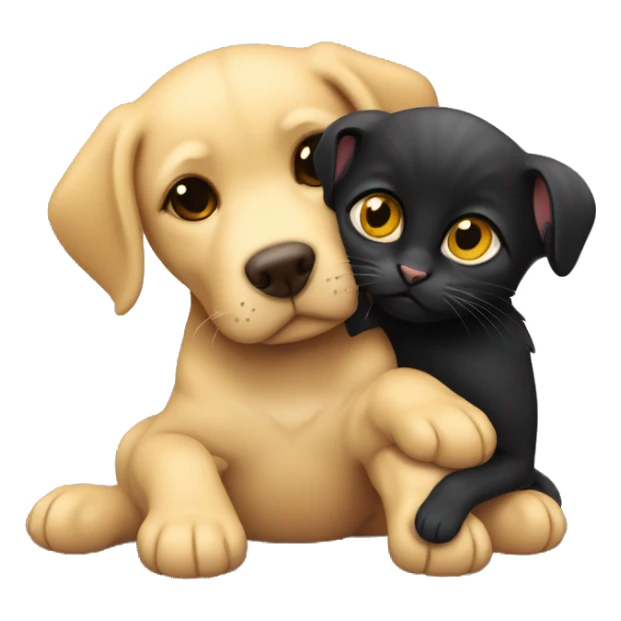 Small black kitten cuddling with dark yellow Labrador dog sticker