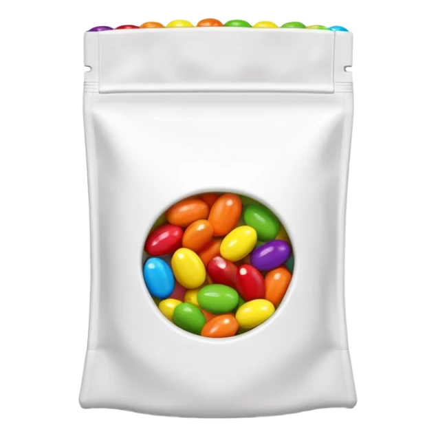 Extremely simplified half-open Skittles pouch with just a few green candies peeking out. Clean rainbow colored minimal design. sticker