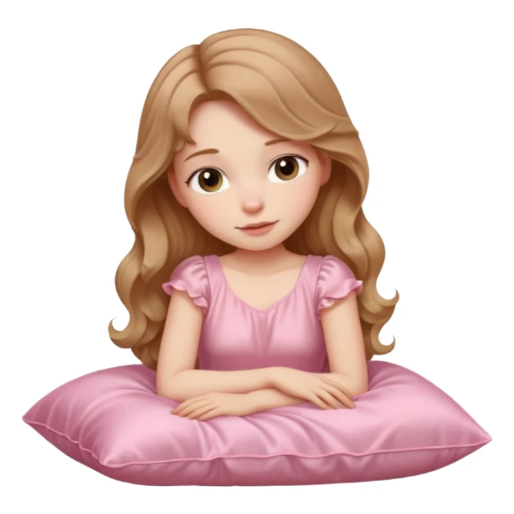 Sleeping beauty pale-skinned girl with light brown wavy hair, resting peacefully on a soft pink silk pillow on her side, wearing a pastel pink dress sticker