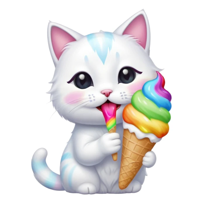 A cute white cat licking a colorful. Ice cream  sticker