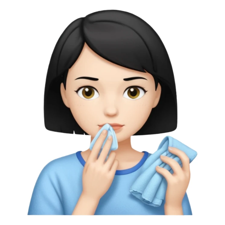 a white woman who has black short hair cleaning her face sticker