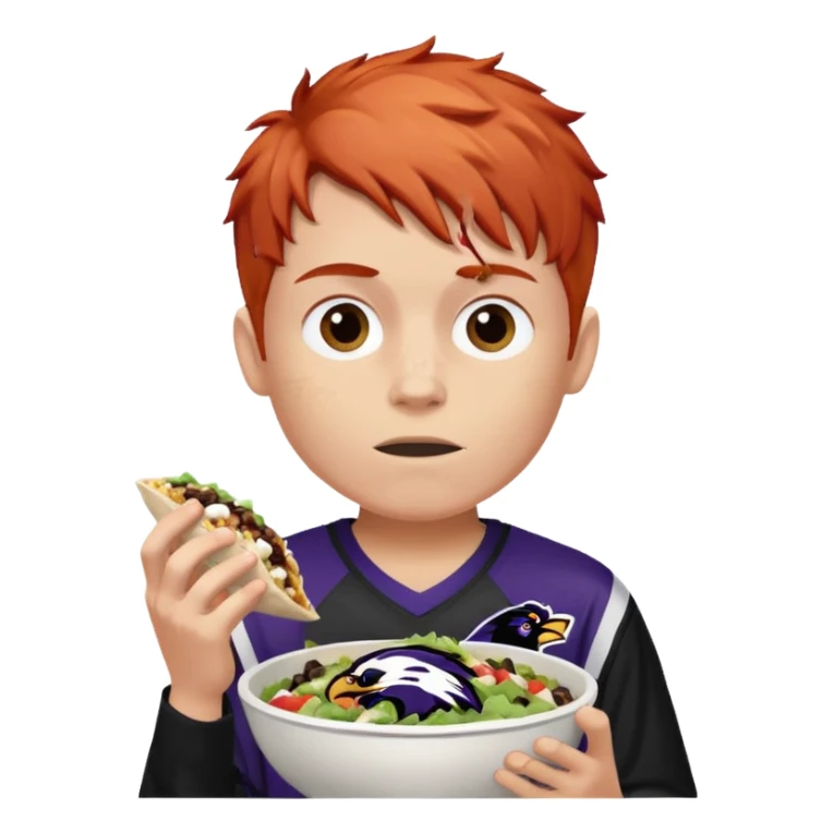 a red-haired boy wearing a ravens jersey and eating a chipotle burrito bowl sticker