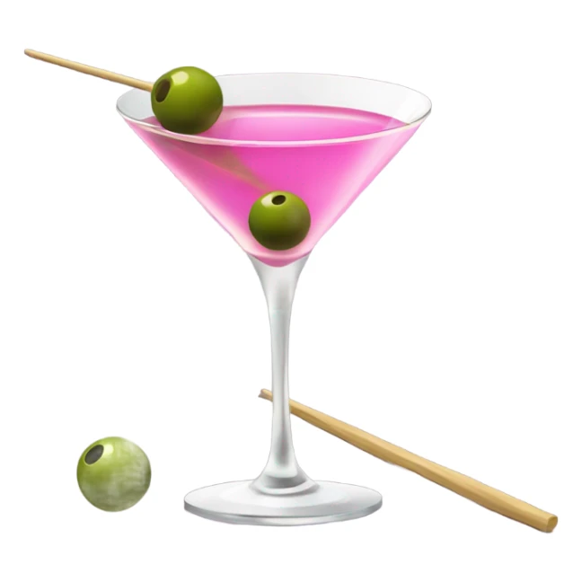 martini glass with olives and pink sticker
