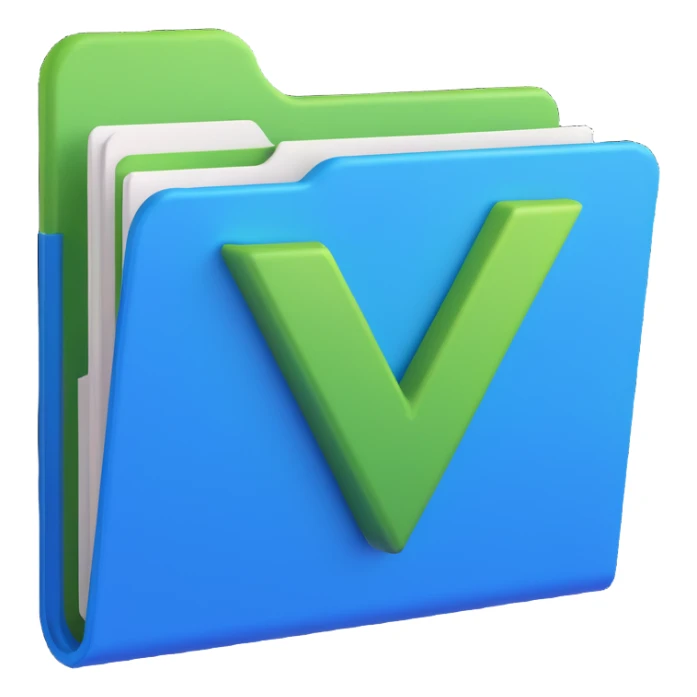 3D style illustration of a blue folder featuring a raised green V check icon sticker