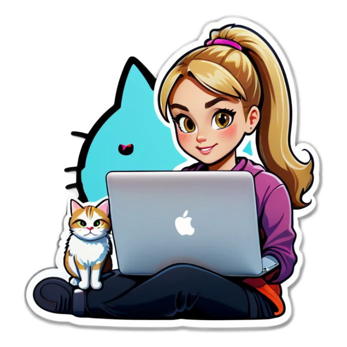 Blonde girl ponytail macBook and a cat sticker
