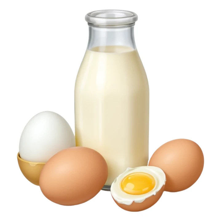 A cluster of dairy items: a milk bottle with an 3 eggs on the left side and birck of butter on the right side sticker