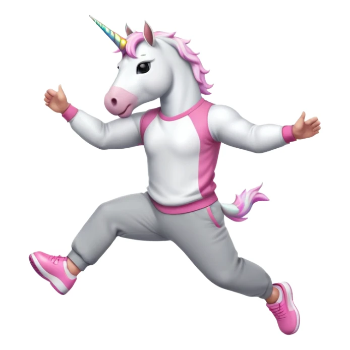 friendly anthropomorphised male white unicorn with a fit, chunky, muscular and strong physique, arms and legs matching the white of the head, wearing grey tracksuit pants and pink jumper, sunglasses, jumping for joy sticker