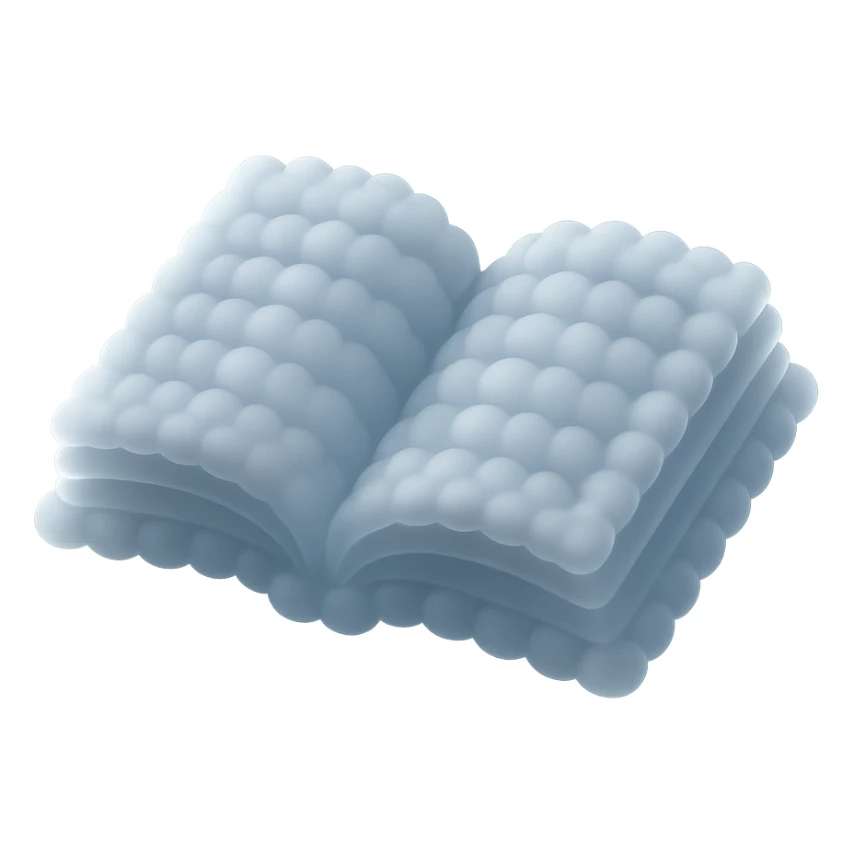 thick open book made entirely of small, very bright white fluffy convex clouds, matte glass style sticker