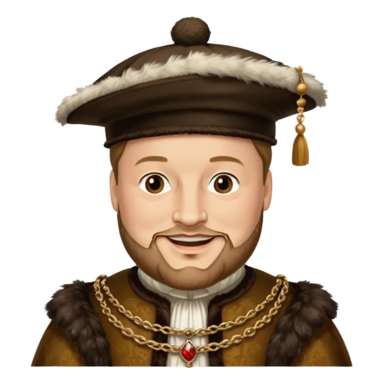 Henry VIII as an emoji, smiling, wearing Tudor attire and feathered cap sticker