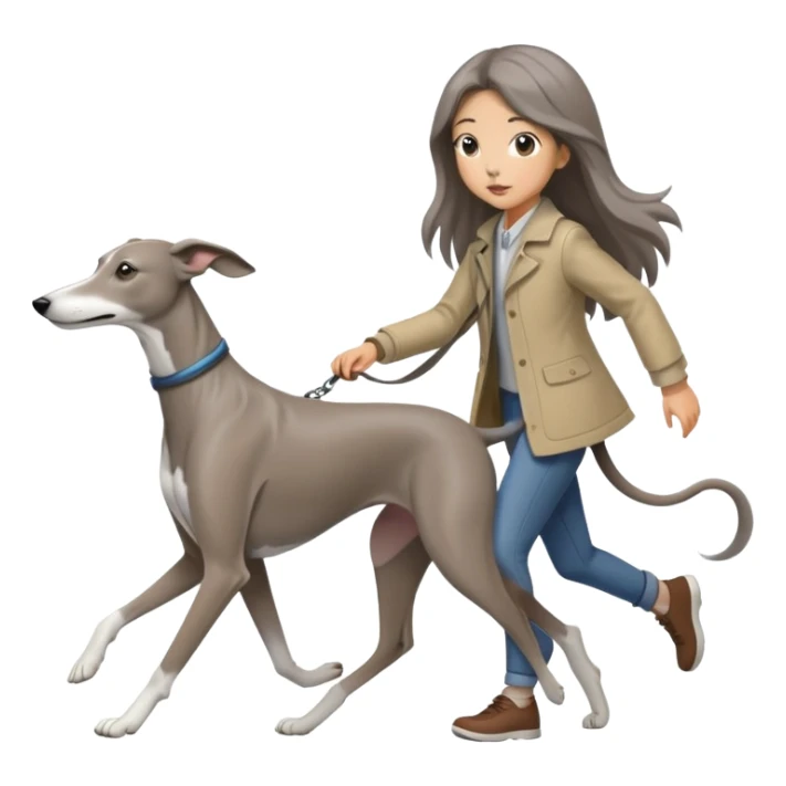 Japanese girl with flowing hair walking a solid grey greyhound with no white markings sticker