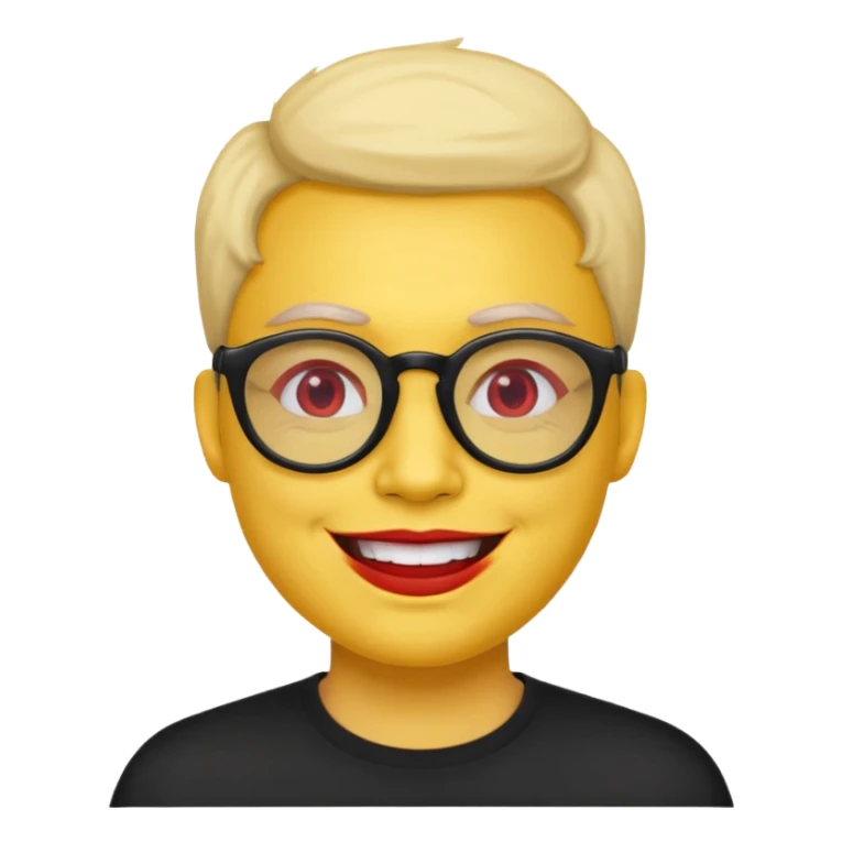 A simple yellow face smiling emoji with red lens glasses and black frames sticker