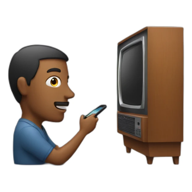 a man looking at a phone in front of a television sticker