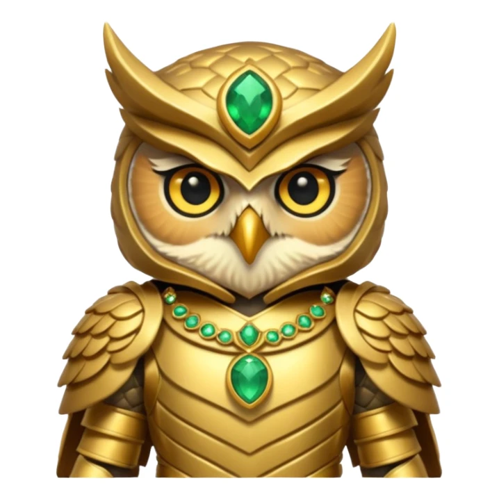 owl warrior wearing golden armor embedded with emerald jewels sticker