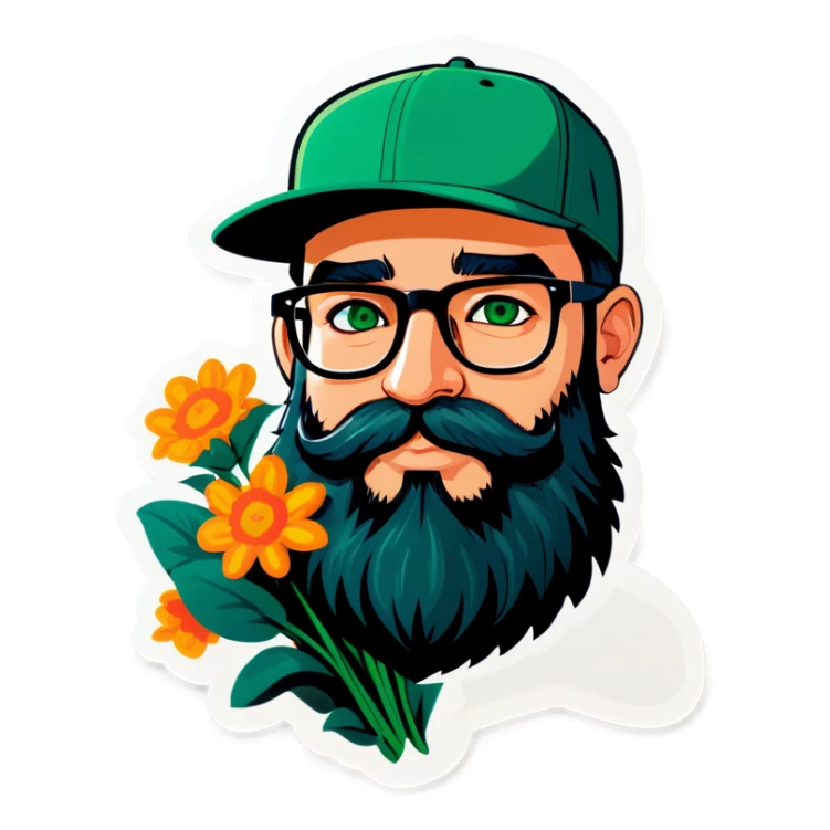 A bold man with a grey baseball cap, green eyes, big beard and glasses, holding a bouquet  sticker