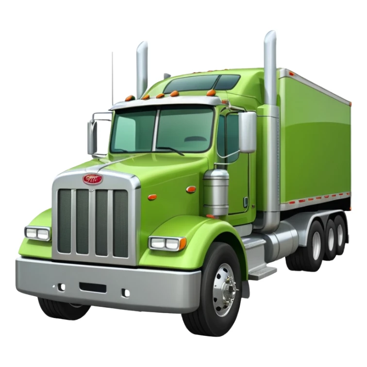 light green Peterbilt truck hauling a trailer, front angle sticker