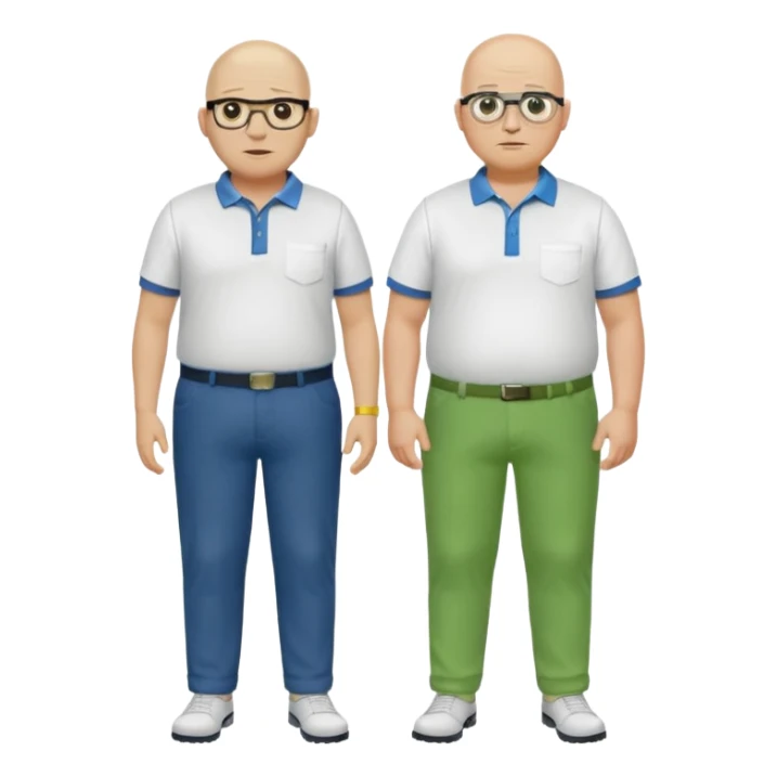 two guys, the first guy is white and have hair but only around his head and not on top, have glases a white dressshirt with rolled up sleeves and green pantsThe second guy has a yellow skin white golf shirt blue jeans and bald they should stand next to eachother they are both really fat  sticker