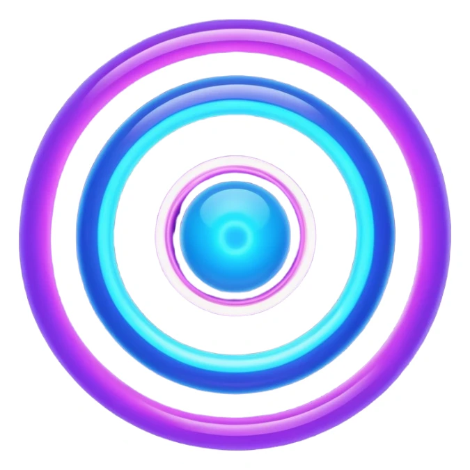Futuristic retry symbol for a game: glowing circular energy ring with a rotating neon core, vibrant blue and violet Virtuosa colors, smooth soft shapes like a friendly floating orb, dynamic swirl effect suggesting a restart. Playful, modern, high-tech. No text. Full background. sticker