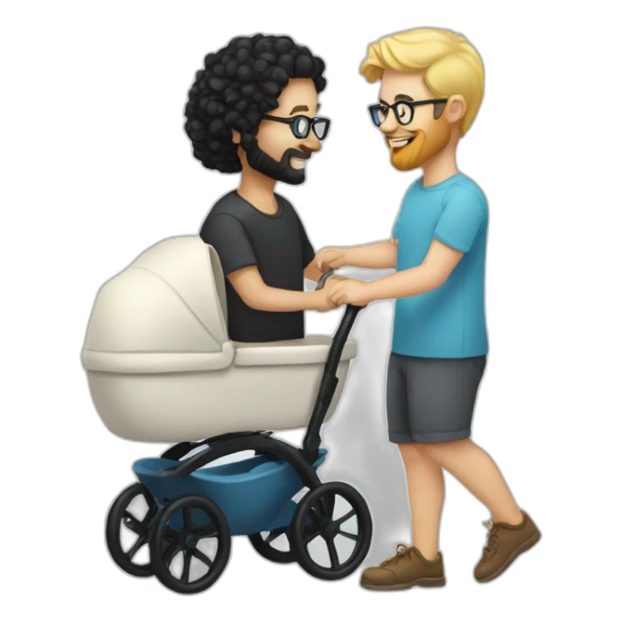 White man with Black hair,  beard and glasses pushing buggy with blonde baby sticker